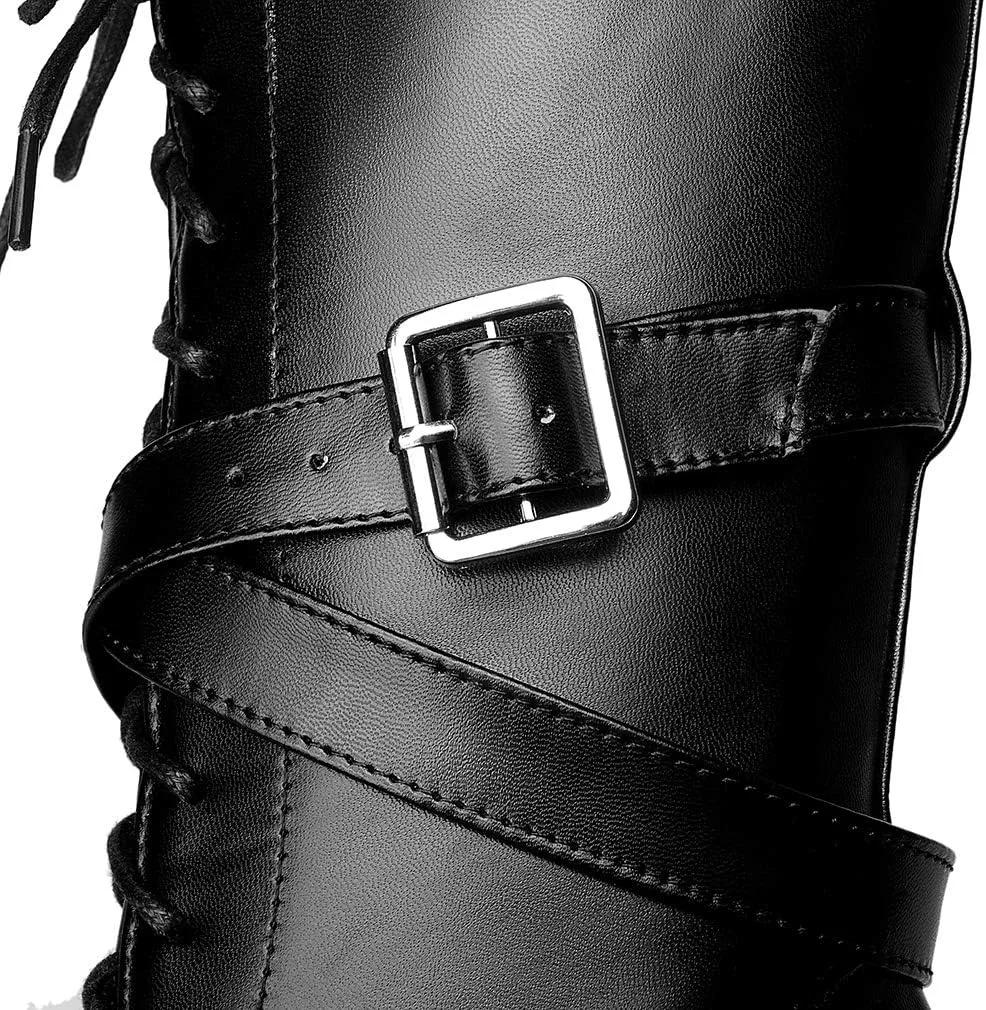 Parisuit Women's Chunky High Heel Lace Up Mid Calf Boots Goth Buckle Platform Combat Boots Punk Zip Up Booties