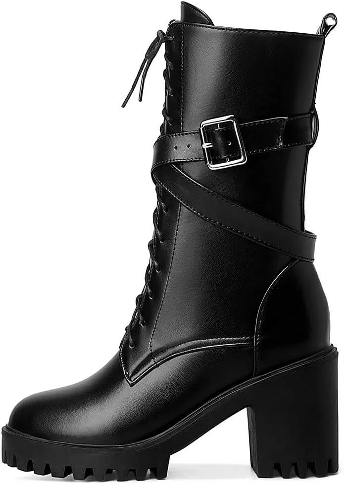 Parisuit Women's Chunky High Heel Lace Up Mid Calf Boots Goth Buckle Platform Combat Boots Punk Zip Up Booties