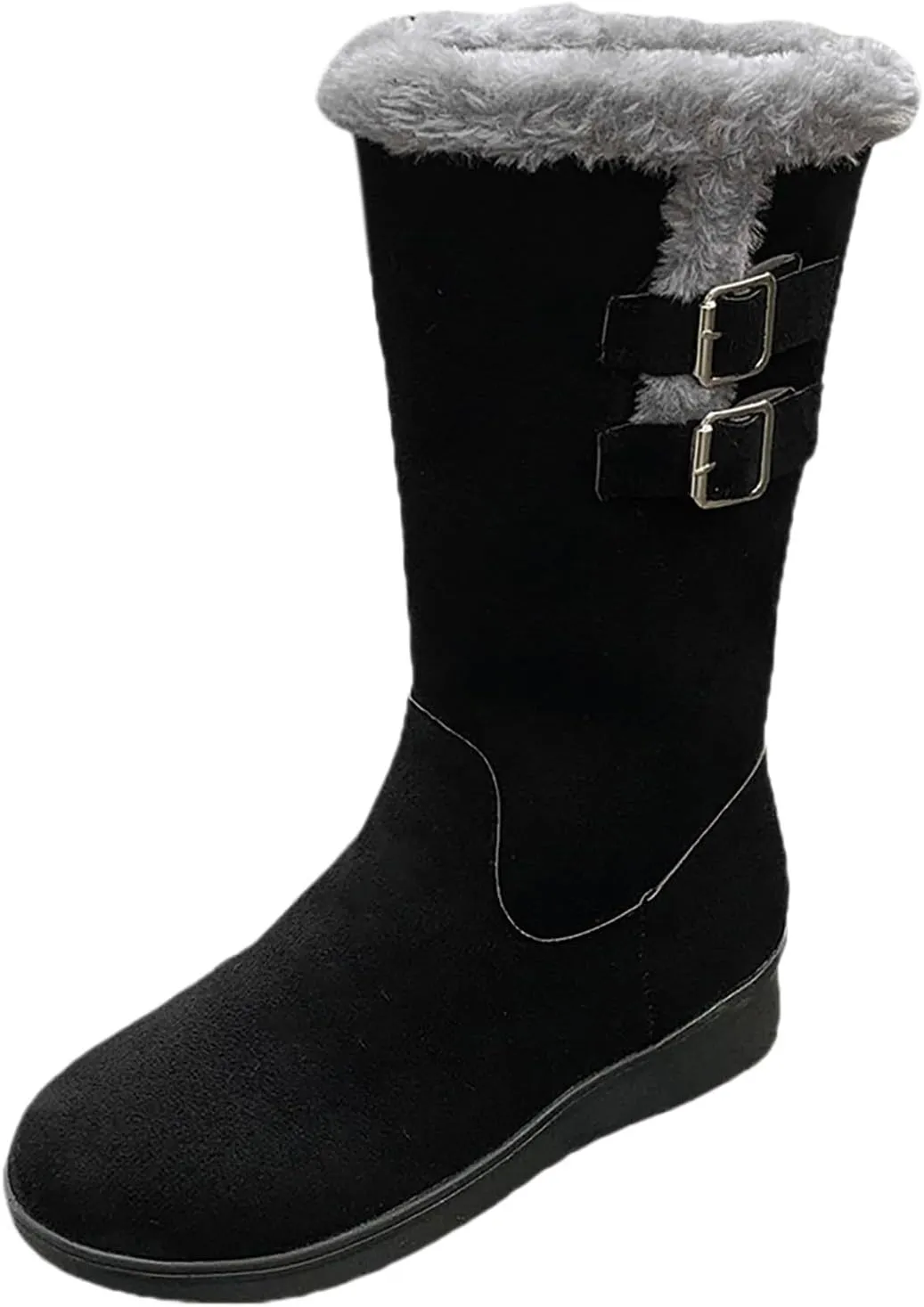 Platform Boots Women's Mid Calf Flock Winter Boots Keep Warm Thick Sole Buckle Zipper Snow Booties Round Toe