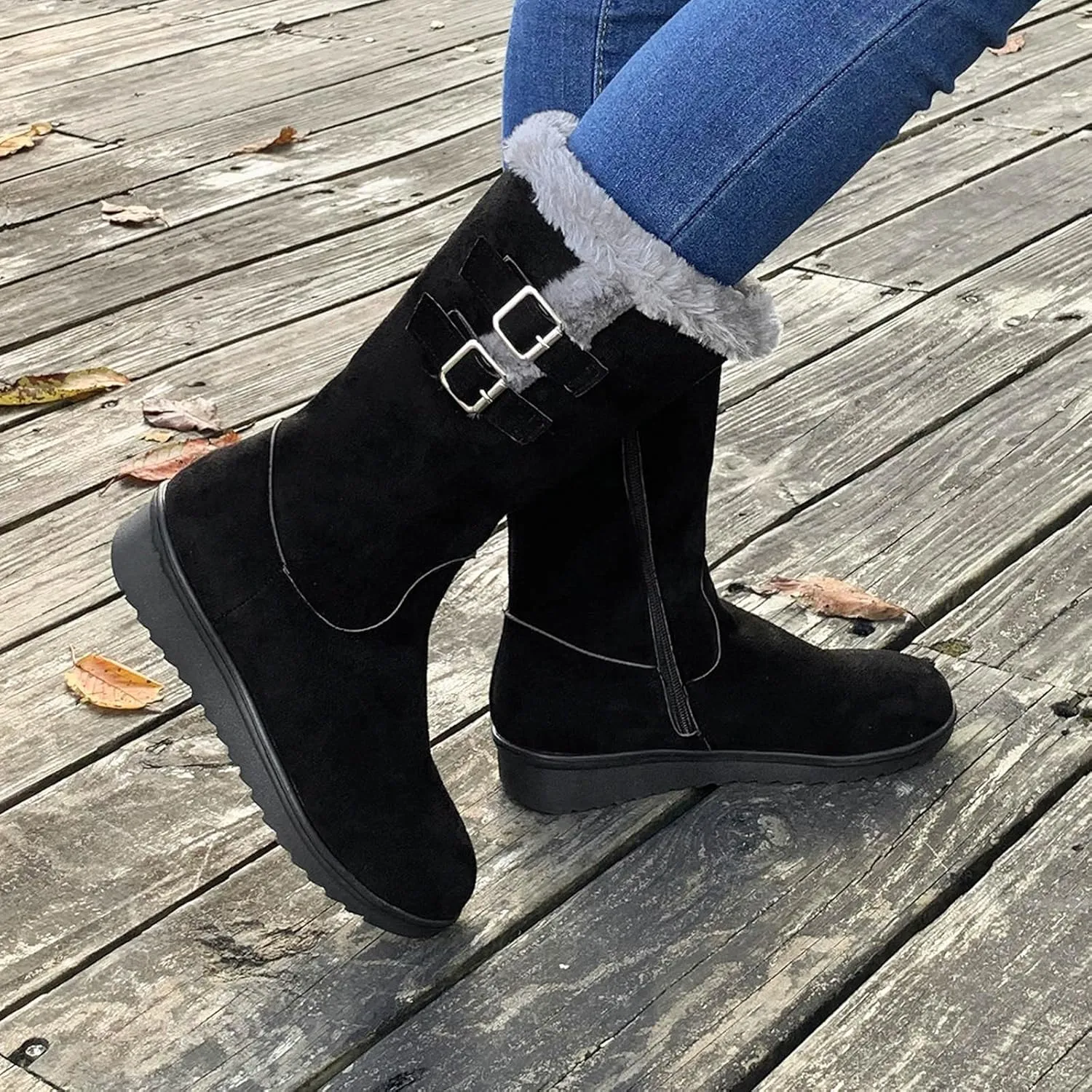 Platform Boots Women's Mid Calf Flock Winter Boots Keep Warm Thick Sole Buckle Zipper Snow Booties Round Toe