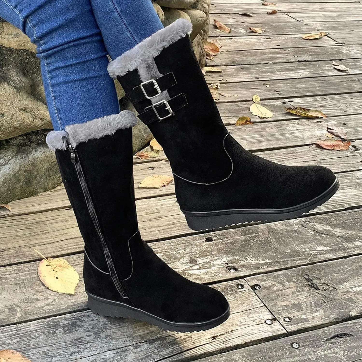 Platform Boots Women's Mid Calf Flock Winter Boots Keep Warm Thick Sole Buckle Zipper Snow Booties Round Toe