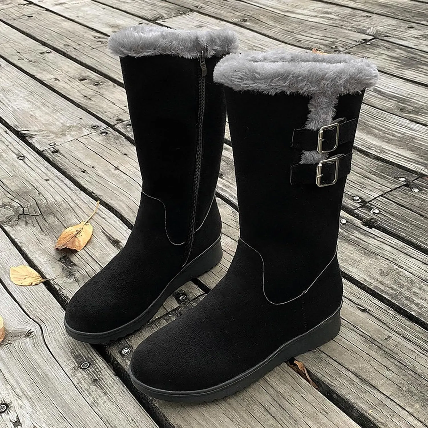 Platform Boots Women's Mid Calf Flock Winter Boots Keep Warm Thick Sole Buckle Zipper Snow Booties Round Toe