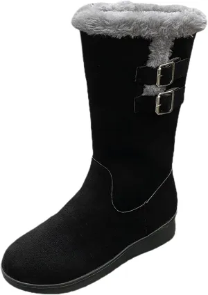 Platform Boots Women's Mid Calf Flock Winter Boots Keep Warm Thick Sole Buckle Zipper Snow Booties Round Toe