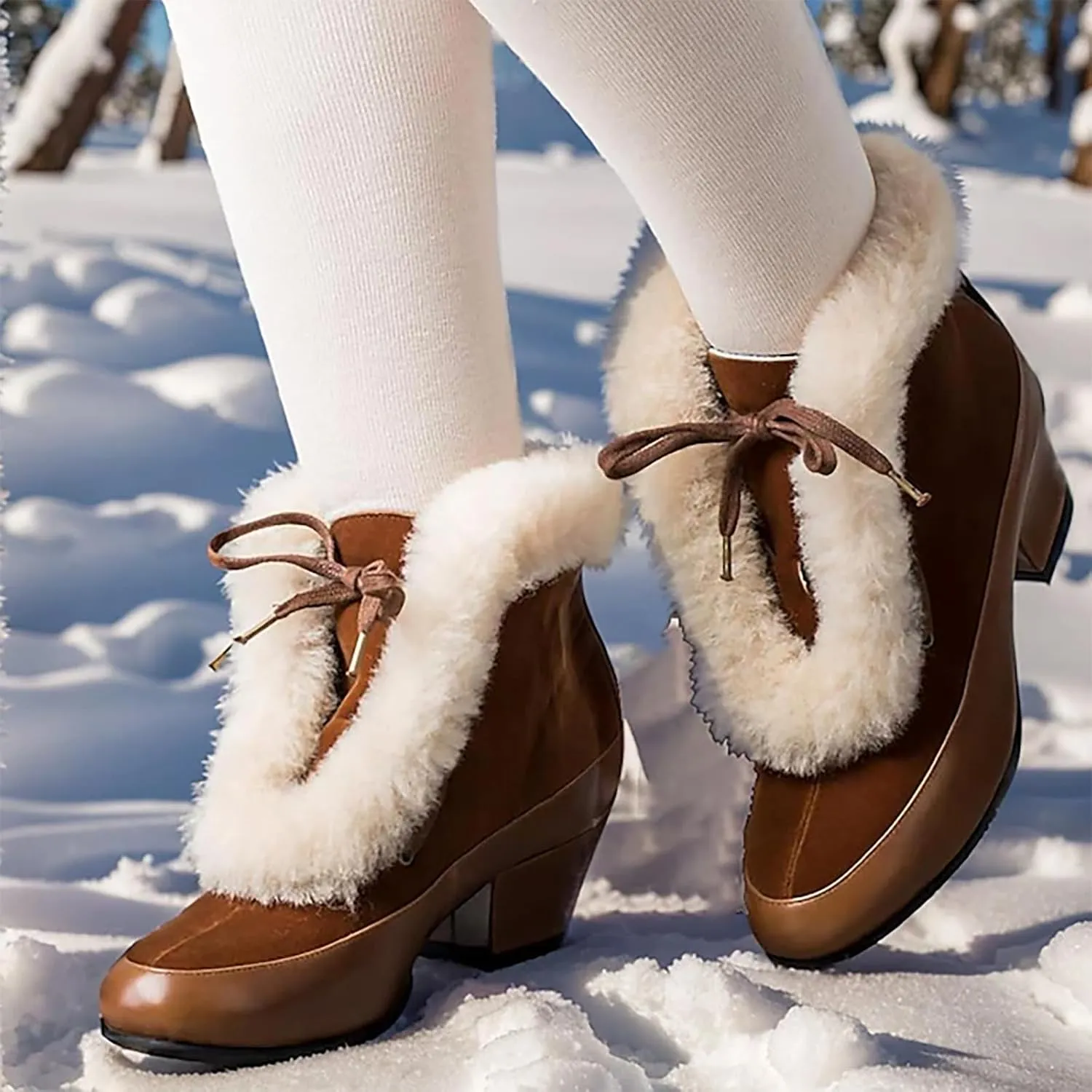 Platform Boots Women's Winter Warm Plus Cotton Thickened Furry Snow Boots Chunky Heels Elegant Short Booties