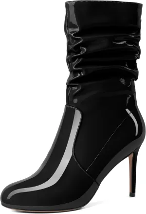 SAMMITOP Women's High Heel Mid Calf Boots Wrinkled Slouchy Zipper Wide Calf Boots Pointed Toe Pull On Fall Winter Stiletto Heel Boots