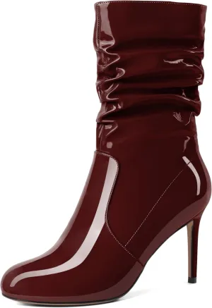 SAMMITOP Women's High Heel Mid Calf Boots Wrinkled Slouchy Zipper Wide Calf Boots Pointed Toe Pull On Fall Winter Stiletto Heel Boots