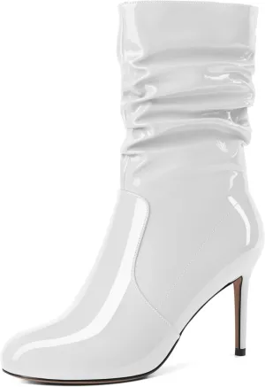 SAMMITOP Women's High Heel Mid Calf Boots Wrinkled Slouchy Zipper Wide Calf Boots Pointed Toe Pull On Fall Winter Stiletto Heel Boots