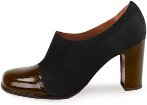 SHODENSE Women Chunky Heel Loafer Pumps Square Cap Toe Zipper Loafers Block Heels Two Tone Patent Suede 3 inch High Heeled Dress Loafers Slip On Comfort Vintage Office Party Casual 4-11 M US