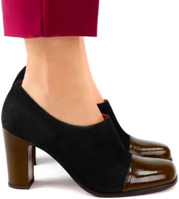 SHODENSE Women Chunky Heel Loafer Pumps Square Cap Toe Zipper Loafers Block Heels Two Tone Patent Suede 3 inch High Heeled Dress Loafers Slip On Comfort Vintage Office Party Casual 4-11 M US