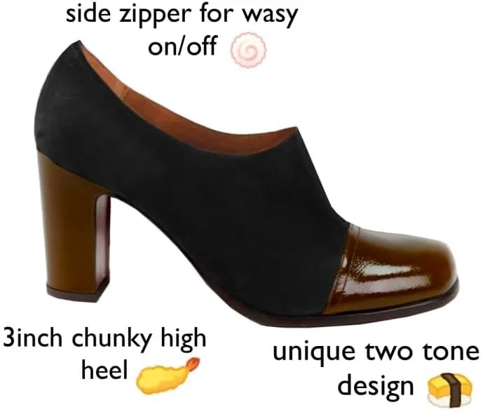 SHODENSE Women Chunky Heel Loafer Pumps Square Cap Toe Zipper Loafers Block Heels Two Tone Patent Suede 3 inch High Heeled Dress Loafers Slip On Comfort Vintage Office Party Casual 4-11 M US