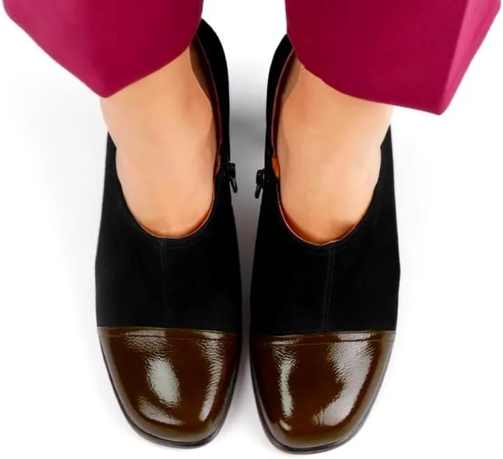 SHODENSE Women Chunky Heel Loafer Pumps Square Cap Toe Zipper Loafers Block Heels Two Tone Patent Suede 3 inch High Heeled Dress Loafers Slip On Comfort Vintage Office Party Casual 4-11 M US