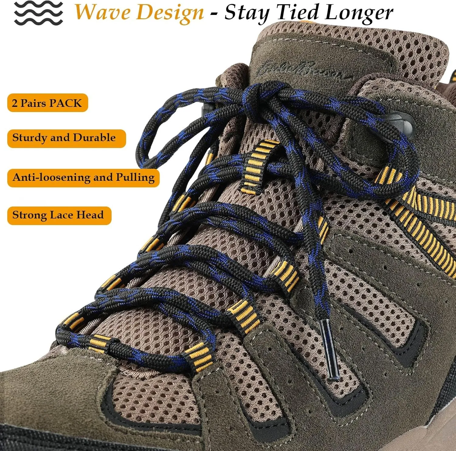 Stepace Wave Round Boot Laces [2 Pairs] Heavy Duty Shoelaces,Work Boots & Hiking Shoes