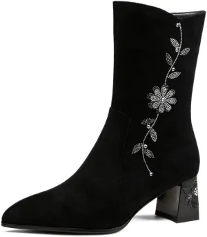 TinaCus Women's Suede Leather Pointed Toe Handmade Flower Dcor Zip Up Mid Calf Boots with Block Heels