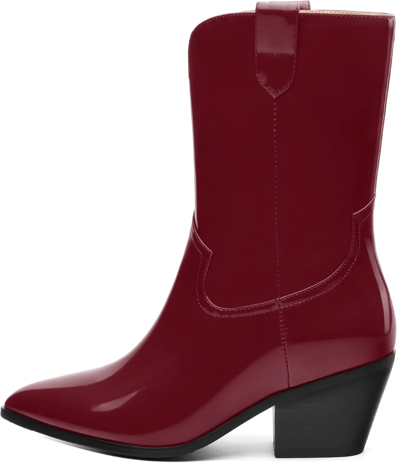 WAYDERNS Women's Mid Calf Boots Patent Leather Block Chunky Heel Pointed Toe 2.3 Inch Ankle Boots Fashion Casual Dating Shopping Short Fall Booties