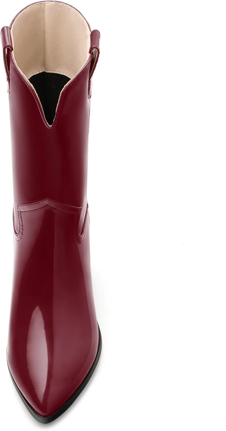WAYDERNS Women's Mid Calf Boots Patent Leather Block Chunky Heel Pointed Toe 2.3 Inch Ankle Boots Fashion Casual Dating Shopping Short Fall Booties