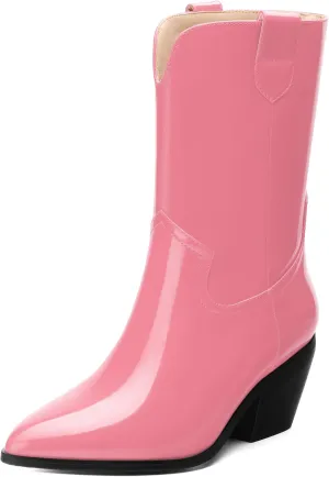 WAYDERNS Women's Mid Calf Boots Patent Leather Block Chunky Heel Pointed Toe 2.3 Inch Ankle Boots Fashion Casual Dating Shopping Short Fall Booties