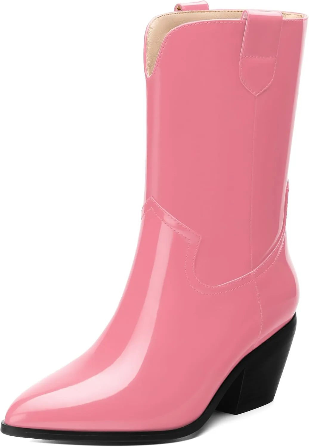 WAYDERNS Women's Mid Calf Boots Patent Leather Block Chunky Heel Pointed Toe 2.3 Inch Ankle Boots Fashion Casual Dating Shopping Short Fall Booties