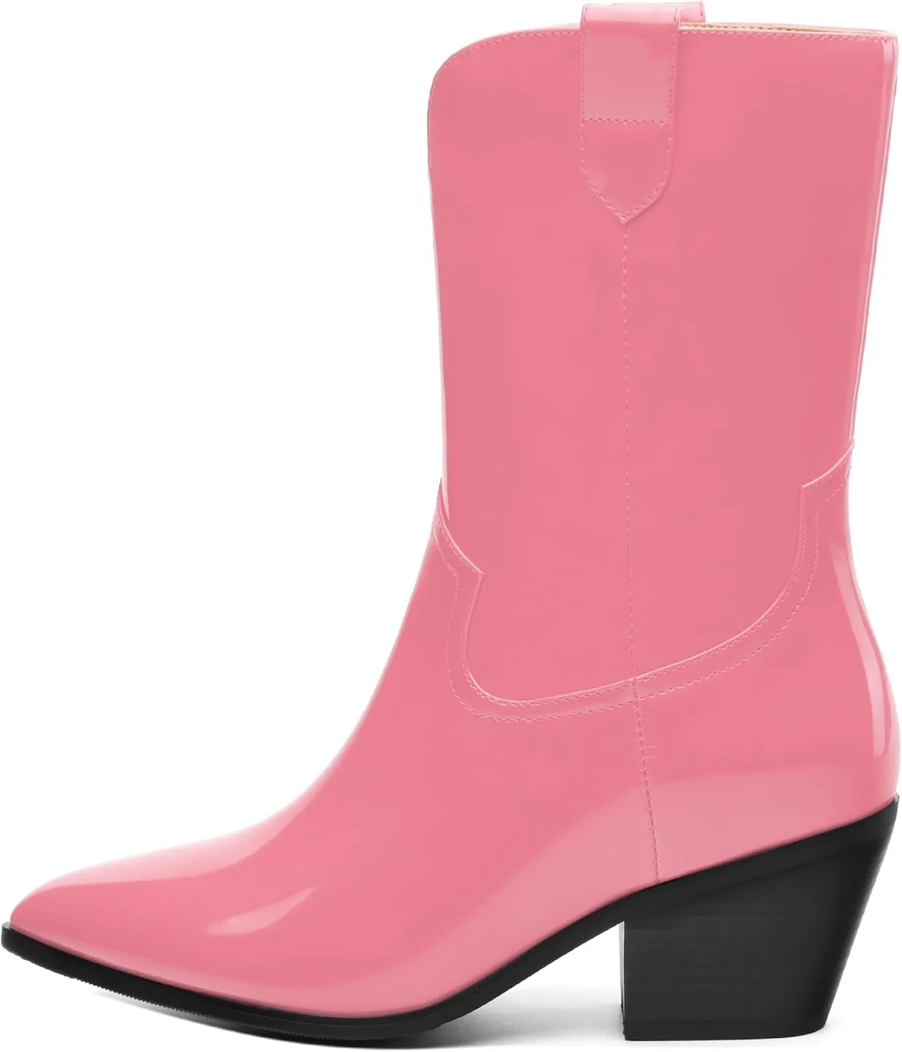 WAYDERNS Women's Mid Calf Boots Patent Leather Block Chunky Heel Pointed Toe 2.3 Inch Ankle Boots Fashion Casual Dating Shopping Short Fall Booties