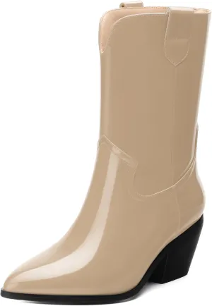 WAYDERNS Women's Mid Calf Boots Patent Leather Block Chunky Heel Pointed Toe 2.3 Inch Ankle Boots Fashion Casual Dating Shopping Short Fall Booties
