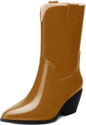 WAYDERNS Women's Mid Calf Boots Patent Leather Block Chunky Heel Pointed Toe 2.3 Inch Ankle Boots Fashion Casual Dating Shopping Short Fall Booties