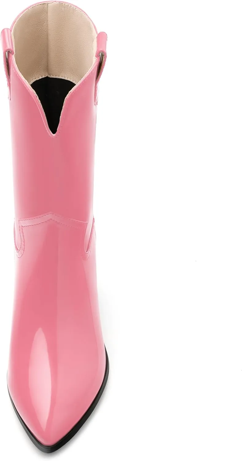 WAYDERNS Women's Mid Calf Boots Patent Leather Block Chunky Heel Pointed Toe 2.3 Inch Ankle Boots Fashion Casual Dating Shopping Short Fall Booties