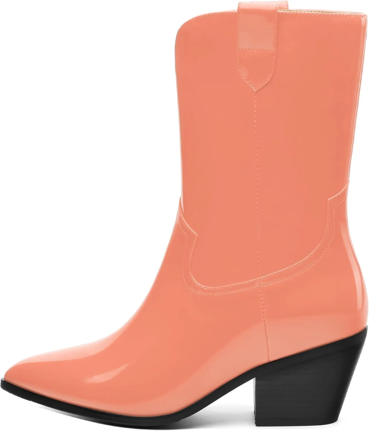 WAYDERNS Women's Mid Calf Boots Patent Leather Block Chunky Heel Pointed Toe 2.3 Inch Ankle Boots Fashion Casual Dating Shopping Short Fall Booties