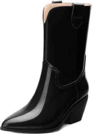 WAYDERNS Women's Mid Calf Boots Patent Leather Block Chunky Heel Pointed Toe 2.3 Inch Ankle Boots Fashion Casual Dating Shopping Short Fall Booties