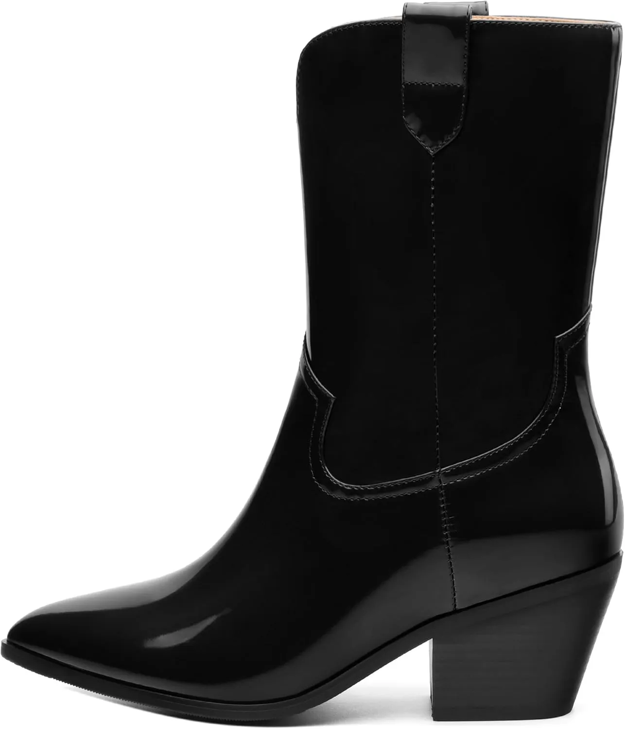 WAYDERNS Women's Mid Calf Boots Patent Leather Block Chunky Heel Pointed Toe 2.3 Inch Ankle Boots Fashion Casual Dating Shopping Short Fall Booties