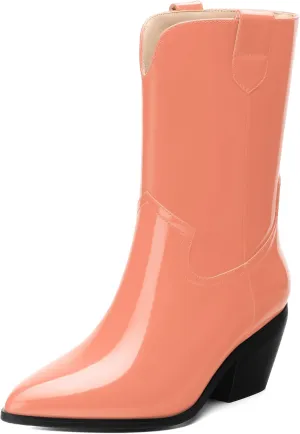 WAYDERNS Women's Mid Calf Boots Patent Leather Block Chunky Heel Pointed Toe 2.3 Inch Ankle Boots Fashion Casual Dating Shopping Short Fall Booties