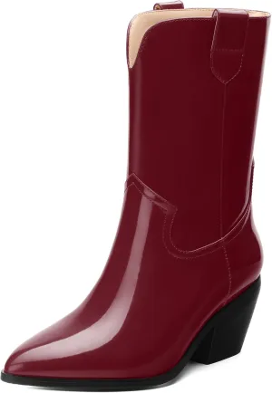 WAYDERNS Women's Mid Calf Boots Patent Leather Block Chunky Heel Pointed Toe 2.3 Inch Ankle Boots Fashion Casual Dating Shopping Short Fall Booties