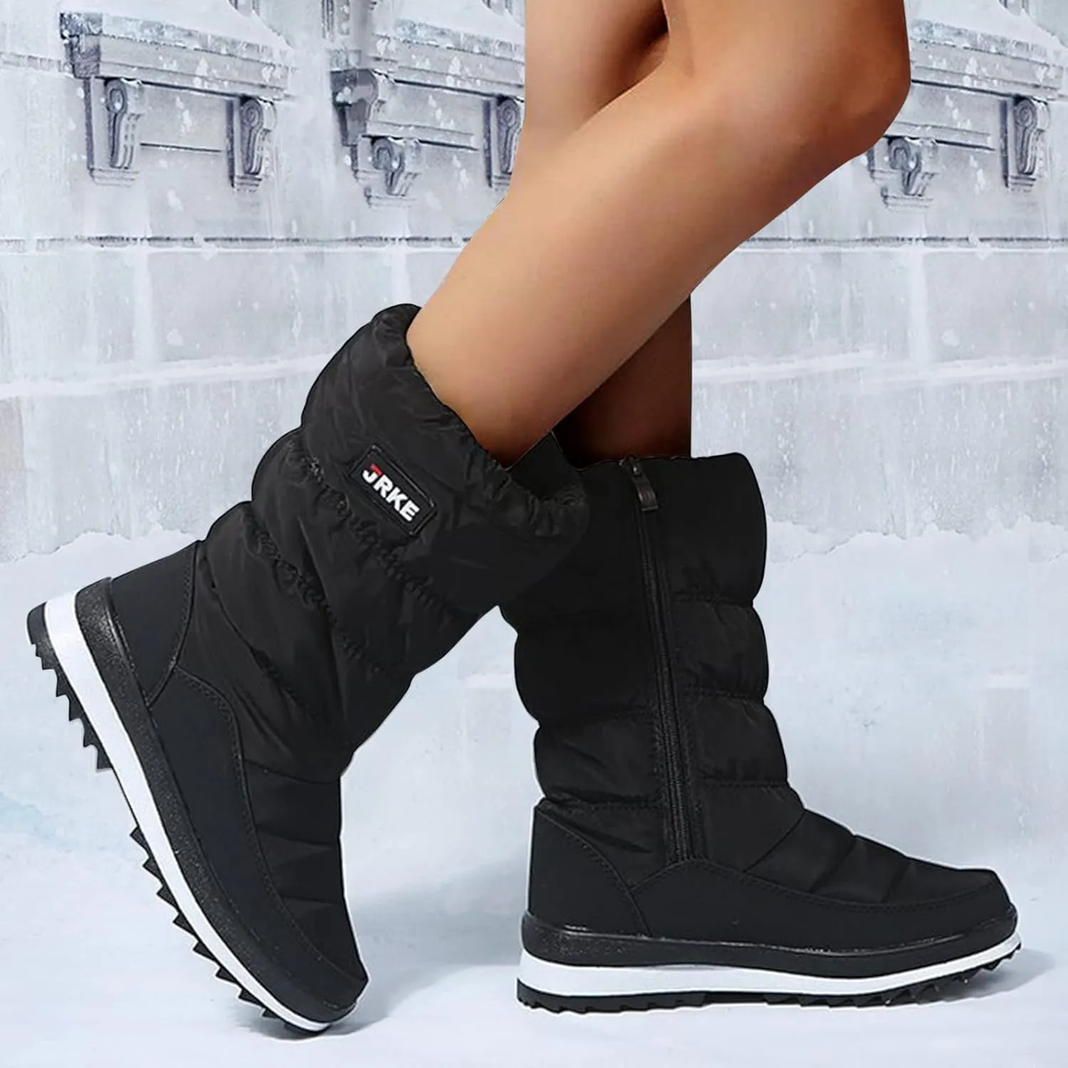 Winter Boots For Women Puffly Platform Snow Boots Plus Fleece Side Zipper Mid-Calf Cotton Non-Slip Booties