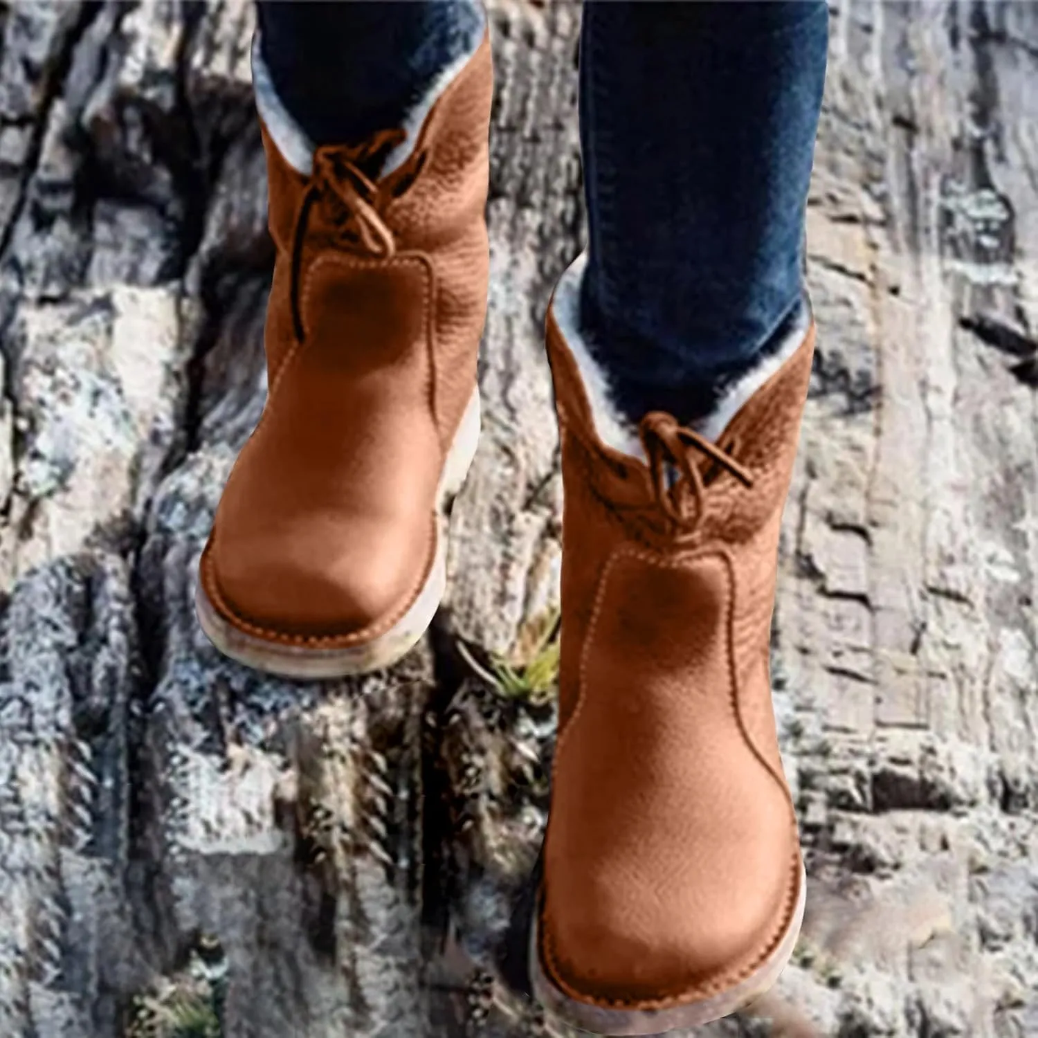 Winter Boots for Women Waterproof Leather Mid Calf Boots Warm Wool Lined Snow Shoes Flat Heel Lace Up Christmas Shoes