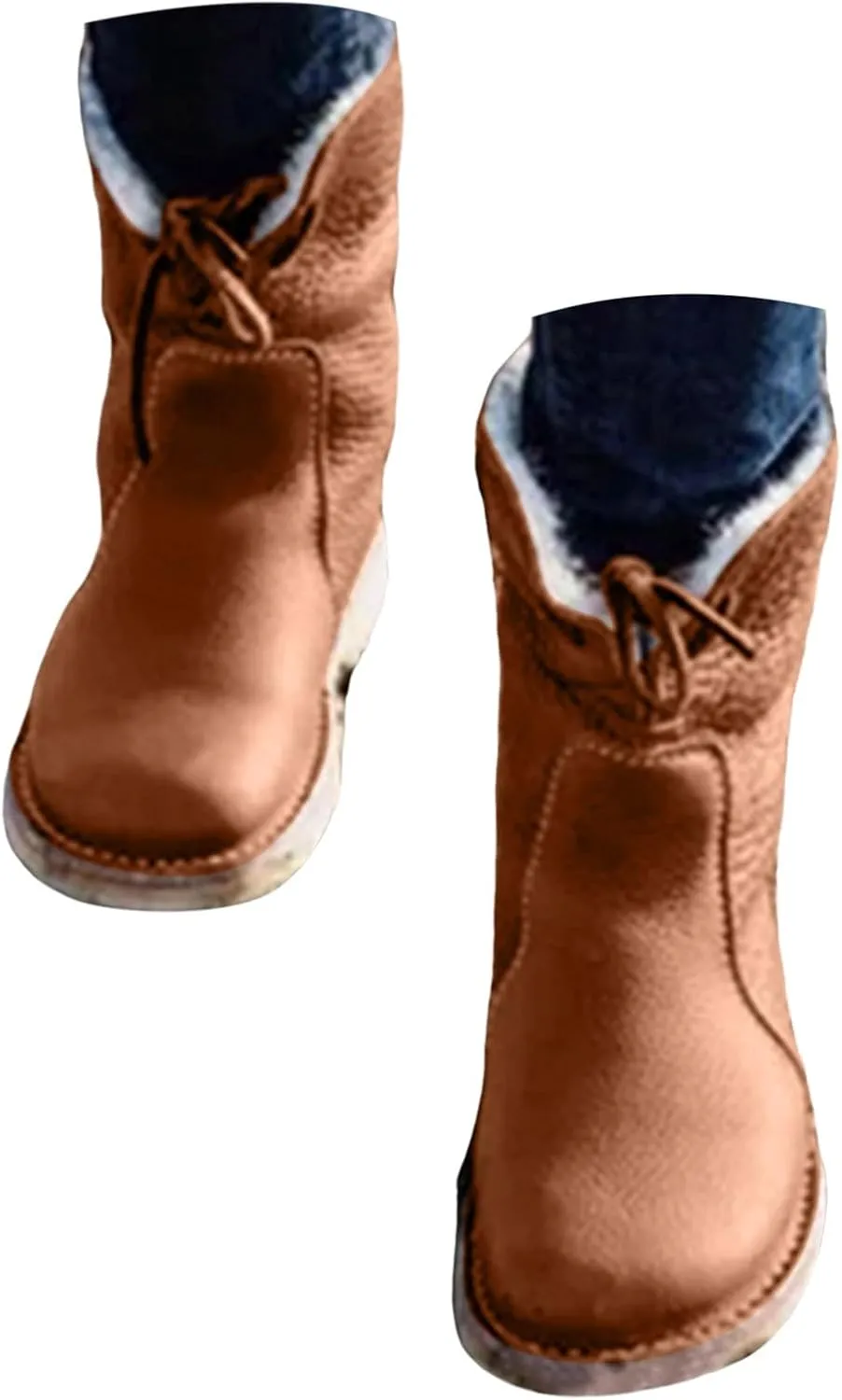 Winter Boots for Women Waterproof Leather Mid Calf Boots Warm Wool Lined Snow Shoes Flat Heel Lace Up Christmas Shoes