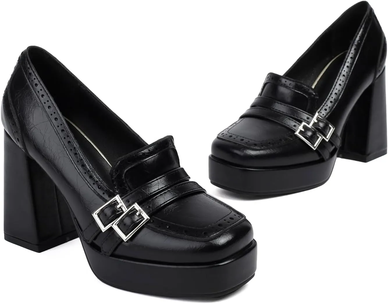 Women Chunky High Heel Platform Loafers Shoes Square Toe Loafer Pumps 4 Inch Block Heels Platform Dress Shoes Slip On Buckle Strap Loafer Heels Office Ladies Wedding Party 4-10 M US