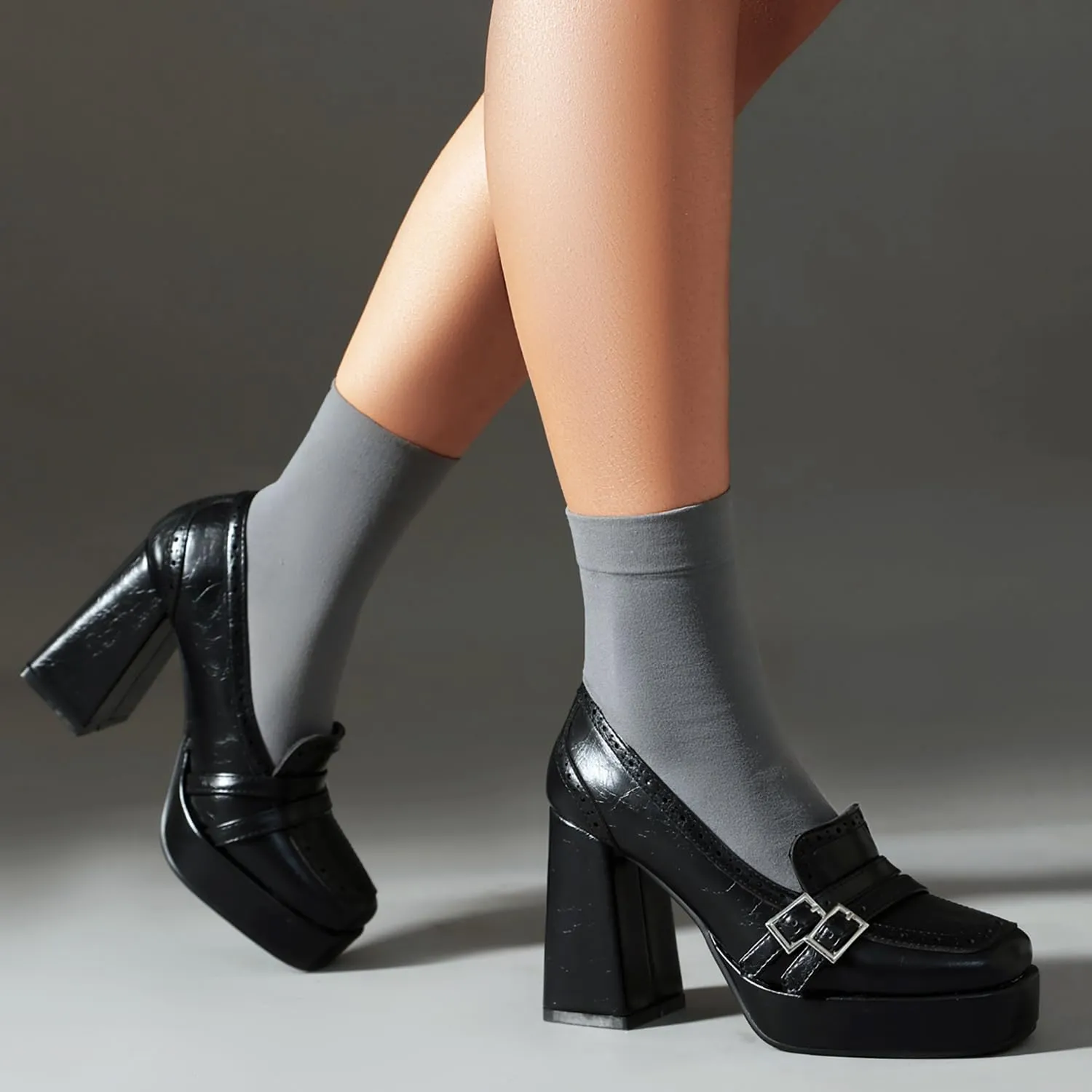 Women Chunky High Heel Platform Loafers Shoes Square Toe Loafer Pumps 4 Inch Block Heels Platform Dress Shoes Slip On Buckle Strap Loafer Heels Office Ladies Wedding Party 4-10 M US