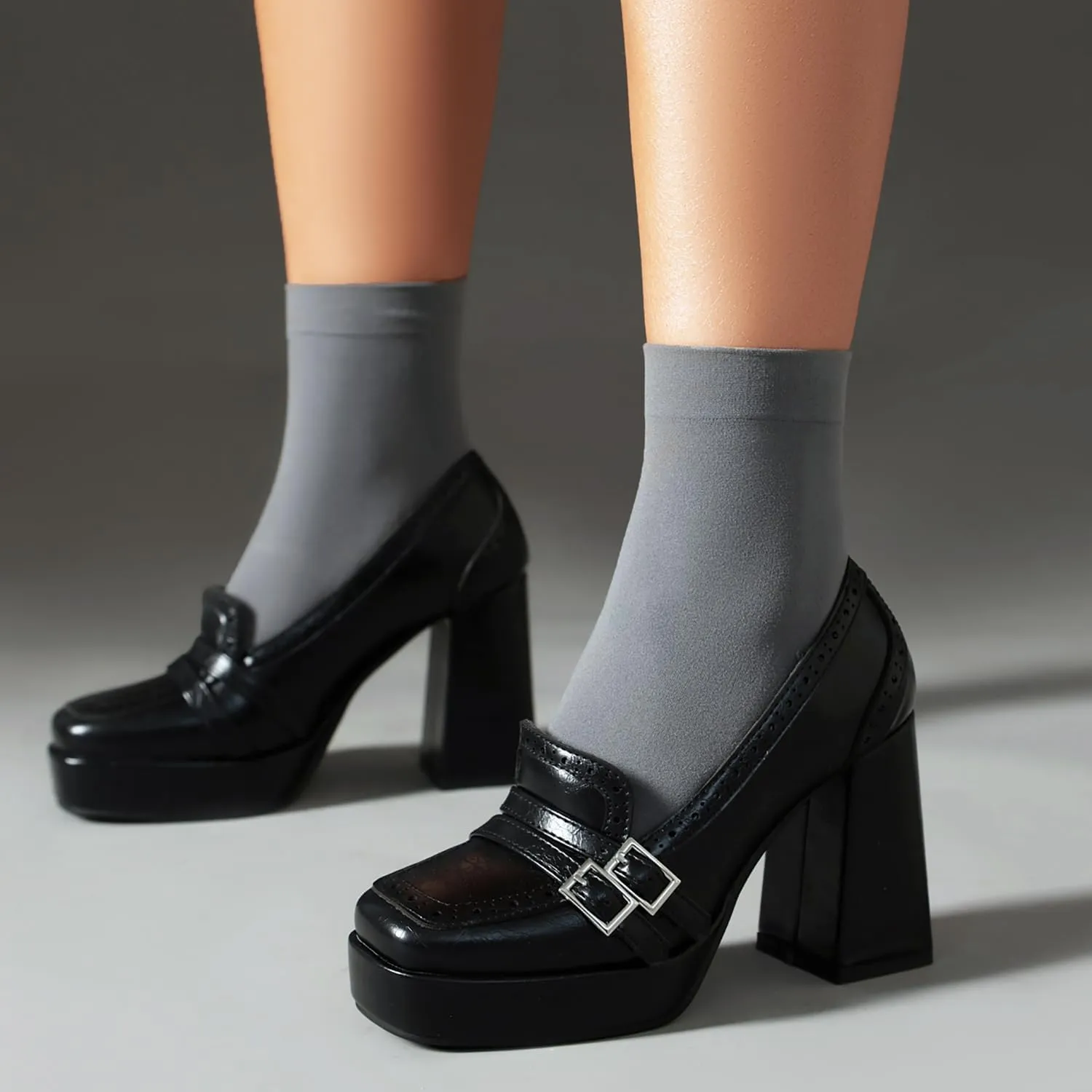 Women Chunky High Heel Platform Loafers Shoes Square Toe Loafer Pumps 4 Inch Block Heels Platform Dress Shoes Slip On Buckle Strap Loafer Heels Office Ladies Wedding Party 4-10 M US