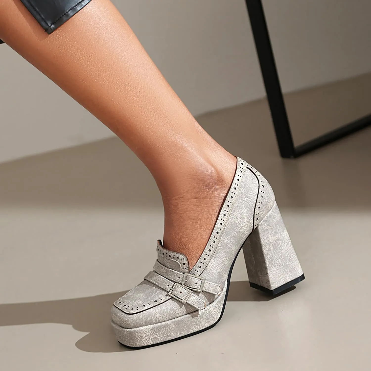 Women Chunky High Heel Platform Loafers Shoes Square Toe Loafer Pumps 4 Inch Block Heels Platform Dress Shoes Slip On Buckle Strap Loafer Heels Office Ladies Wedding Party 4-10 M US