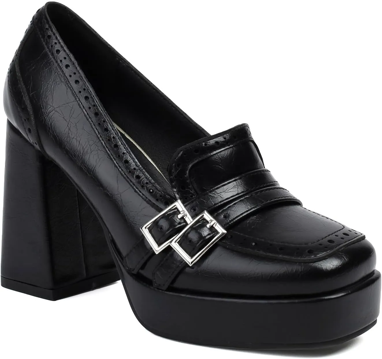 Women Chunky High Heel Platform Loafers Shoes Square Toe Loafer Pumps 4 Inch Block Heels Platform Dress Shoes Slip On Buckle Strap Loafer Heels Office Ladies Wedding Party 4-10 M US