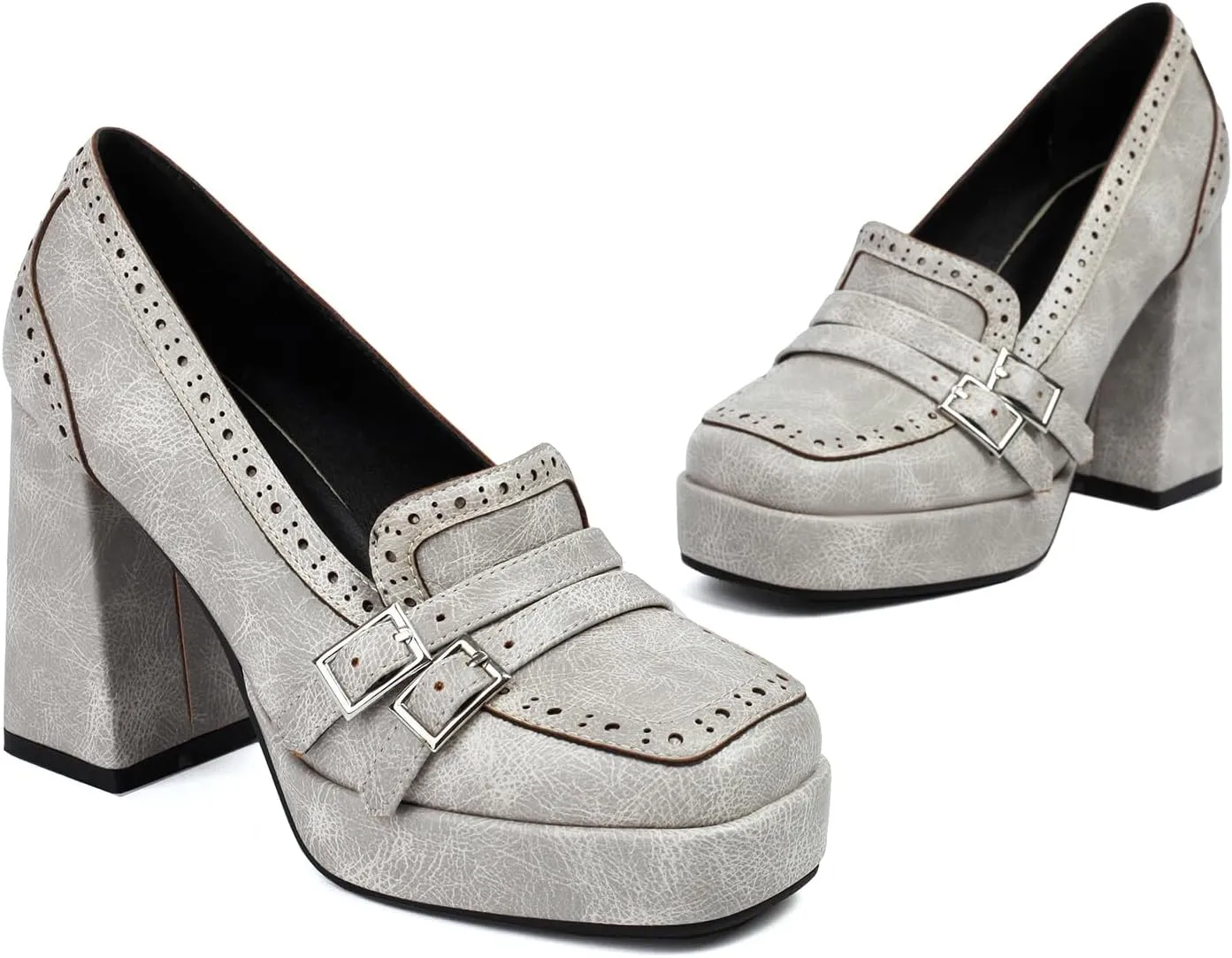 Women Chunky High Heel Platform Loafers Shoes Square Toe Loafer Pumps 4 Inch Block Heels Platform Dress Shoes Slip On Buckle Strap Loafer Heels Office Ladies Wedding Party 4-10 M US