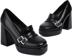 Women Chunky High Heel Platform Loafers Shoes Square Toe Loafer Pumps 4 Inch Block Heels Platform Dress Shoes Slip On Buckle Strap Loafer Heels Office Ladies Wedding Party 4-10 M US