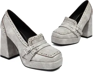 Women Chunky High Heel Platform Loafers Shoes Square Toe Loafer Pumps 4 Inch Block Heels Platform Dress Shoes Slip On Buckle Strap Loafer Heels Office Ladies Wedding Party 4-10 M US
