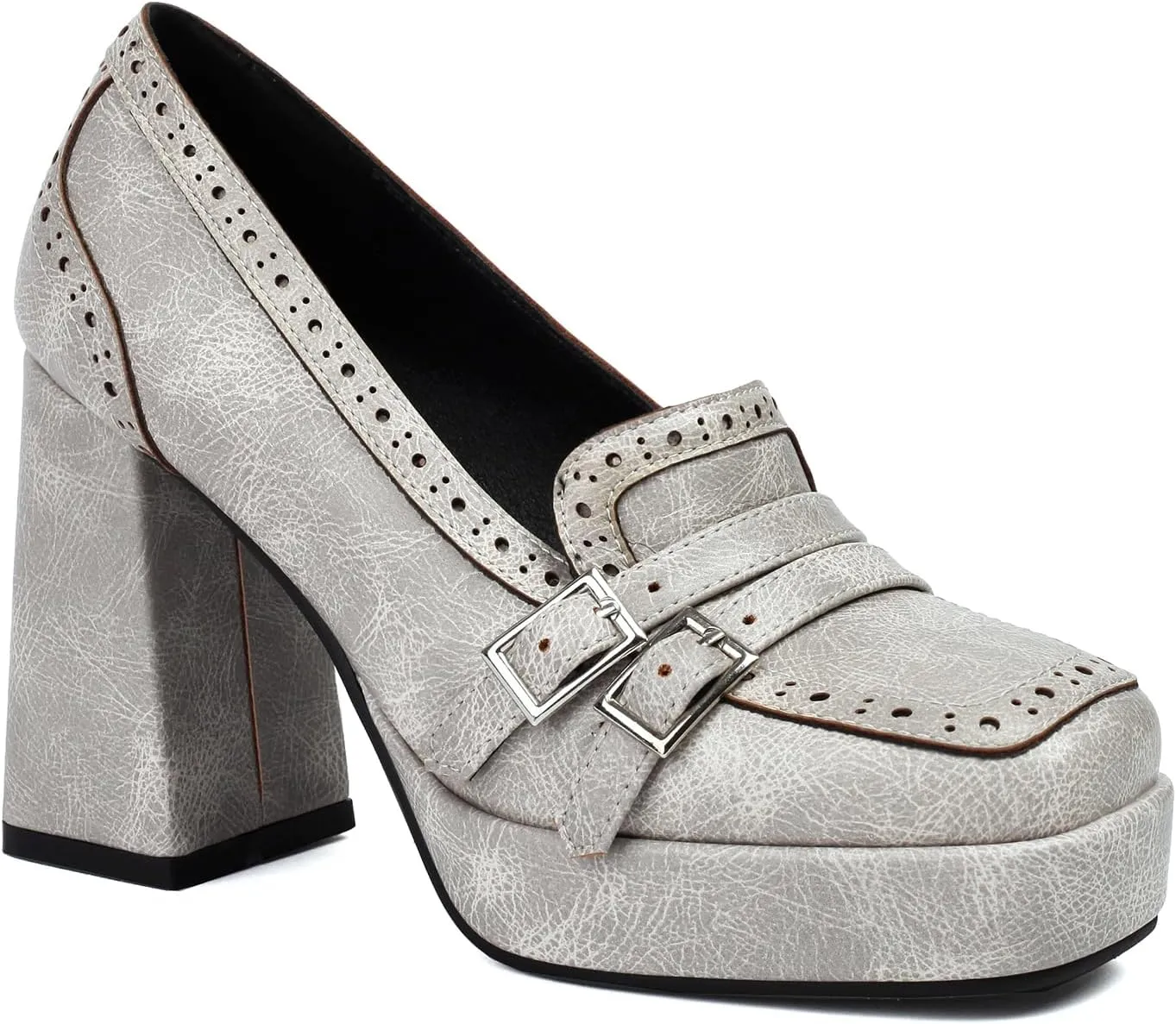 Women Chunky High Heel Platform Loafers Shoes Square Toe Loafer Pumps 4 Inch Block Heels Platform Dress Shoes Slip On Buckle Strap Loafer Heels Office Ladies Wedding Party 4-10 M US