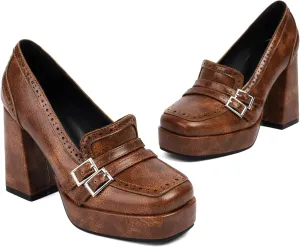 Women Chunky High Heel Platform Loafers Shoes Square Toe Loafer Pumps 4 Inch Block Heels Platform Dress Shoes Slip On Buckle Strap Loafer Heels Office Ladies Wedding Party 4-10 M US