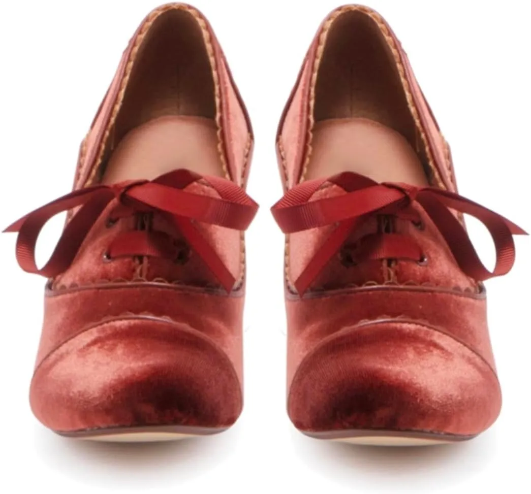 Women Lace Up Loafers Pumps Velvet Chunky Heel Oxford Shoes Round Toe Vintage 2 inch Block Heel Dress Shoes Cap Toe Loafer Heels Suede Retro Evening Wedding Office Ladies 4-11 M US