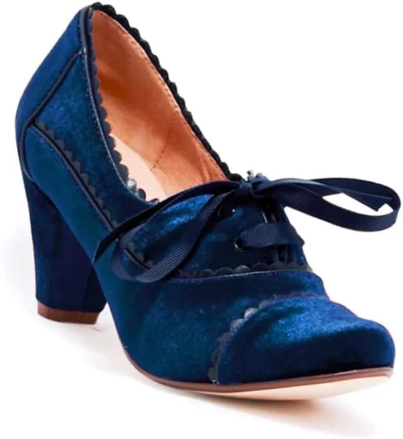 Women Lace Up Loafers Pumps Velvet Chunky Heel Oxford Shoes Round Toe Vintage 2 inch Block Heel Dress Shoes Cap Toe Loafer Heels Suede Retro Evening Wedding Office Ladies 4-11 M US
