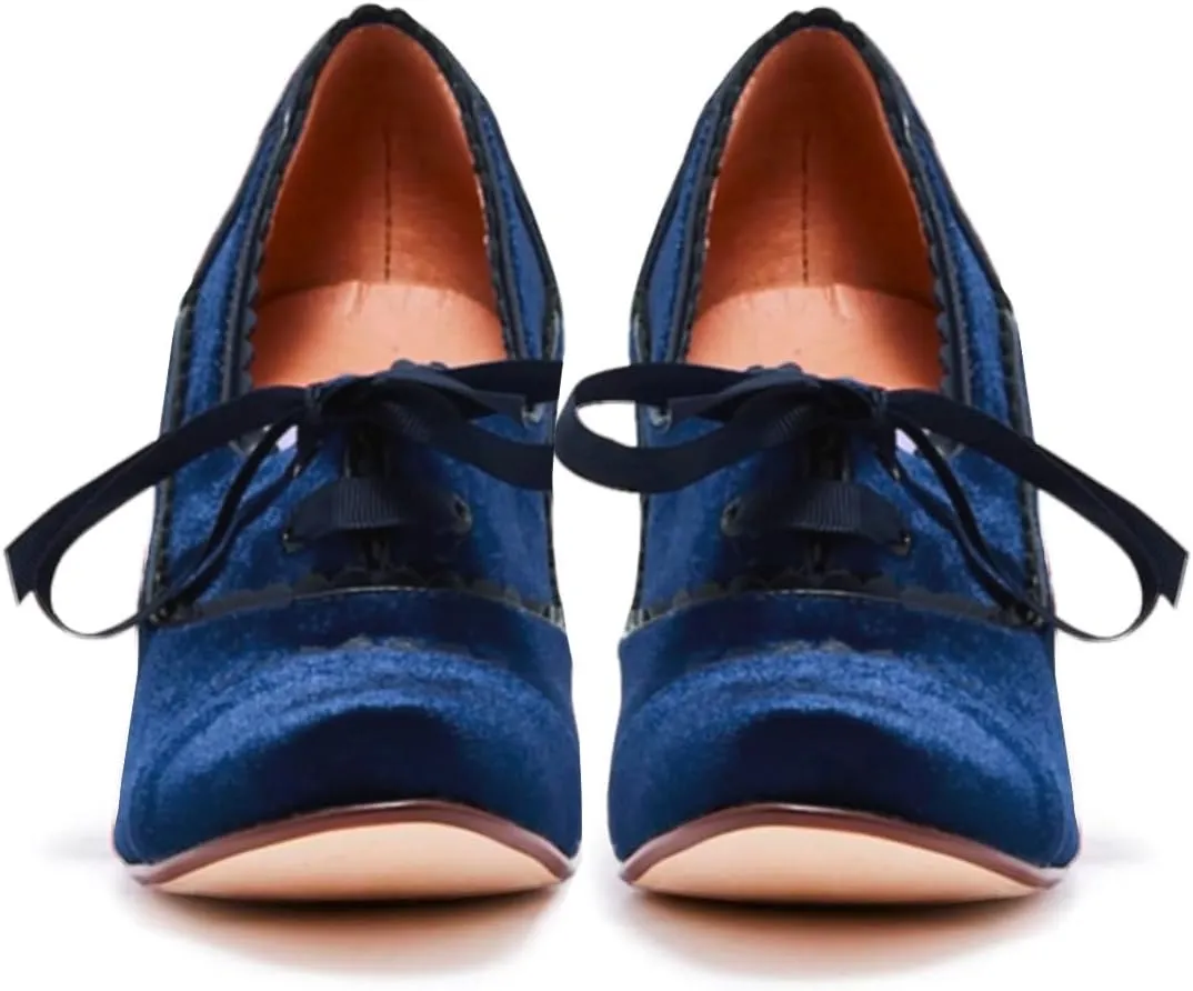 Women Lace Up Loafers Pumps Velvet Chunky Heel Oxford Shoes Round Toe Vintage 2 inch Block Heel Dress Shoes Cap Toe Loafer Heels Suede Retro Evening Wedding Office Ladies 4-11 M US