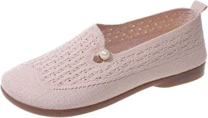 Women's Hollow Pearl Casual Walking Shoes Traditional Chinese Loafers Mesh Pearl Flat Shoes White