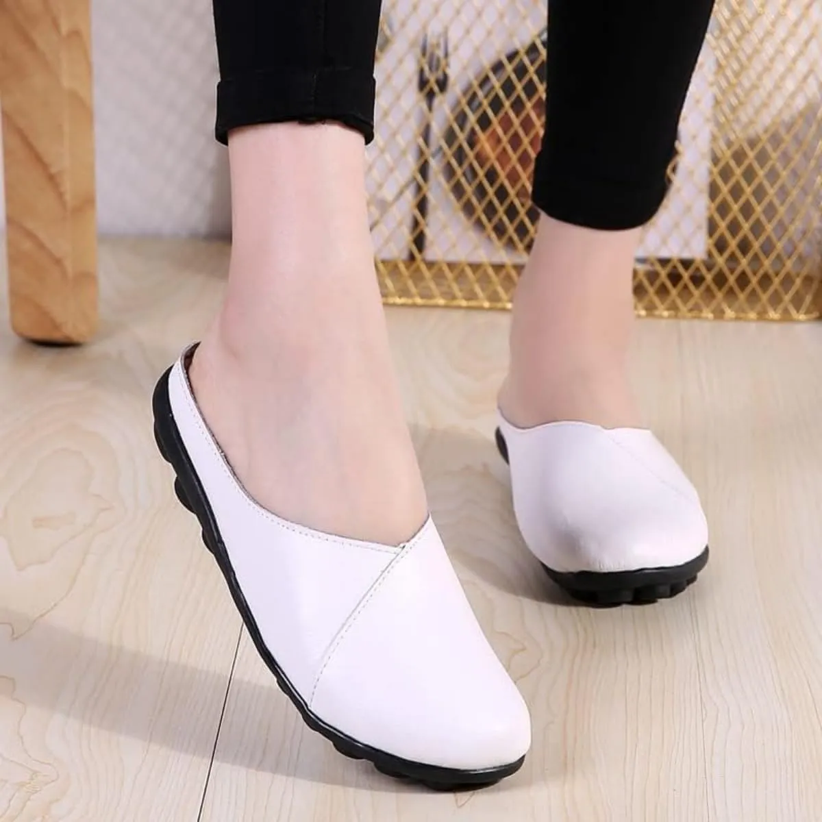 Women's Leather Slippers, Comfortable Backless Slip-On Loafers for Women, Wide Fit, Flat Shoes, Nursing Shoes, Casual Loafers