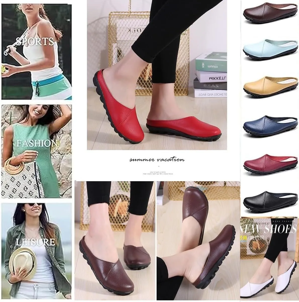 Women's Leather Slippers, Comfortable Backless Slip-On Loafers for Women, Wide Fit, Flat Shoes, Nursing Shoes, Casual Loafers