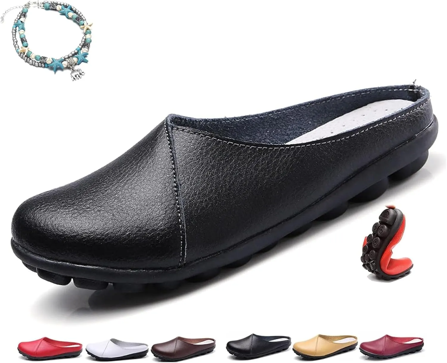 Women's Leather Slippers, Comfortable Backless Slip-On Loafers for Women, Wide Fit, Flat Shoes, Nursing Shoes, Casual Loafers